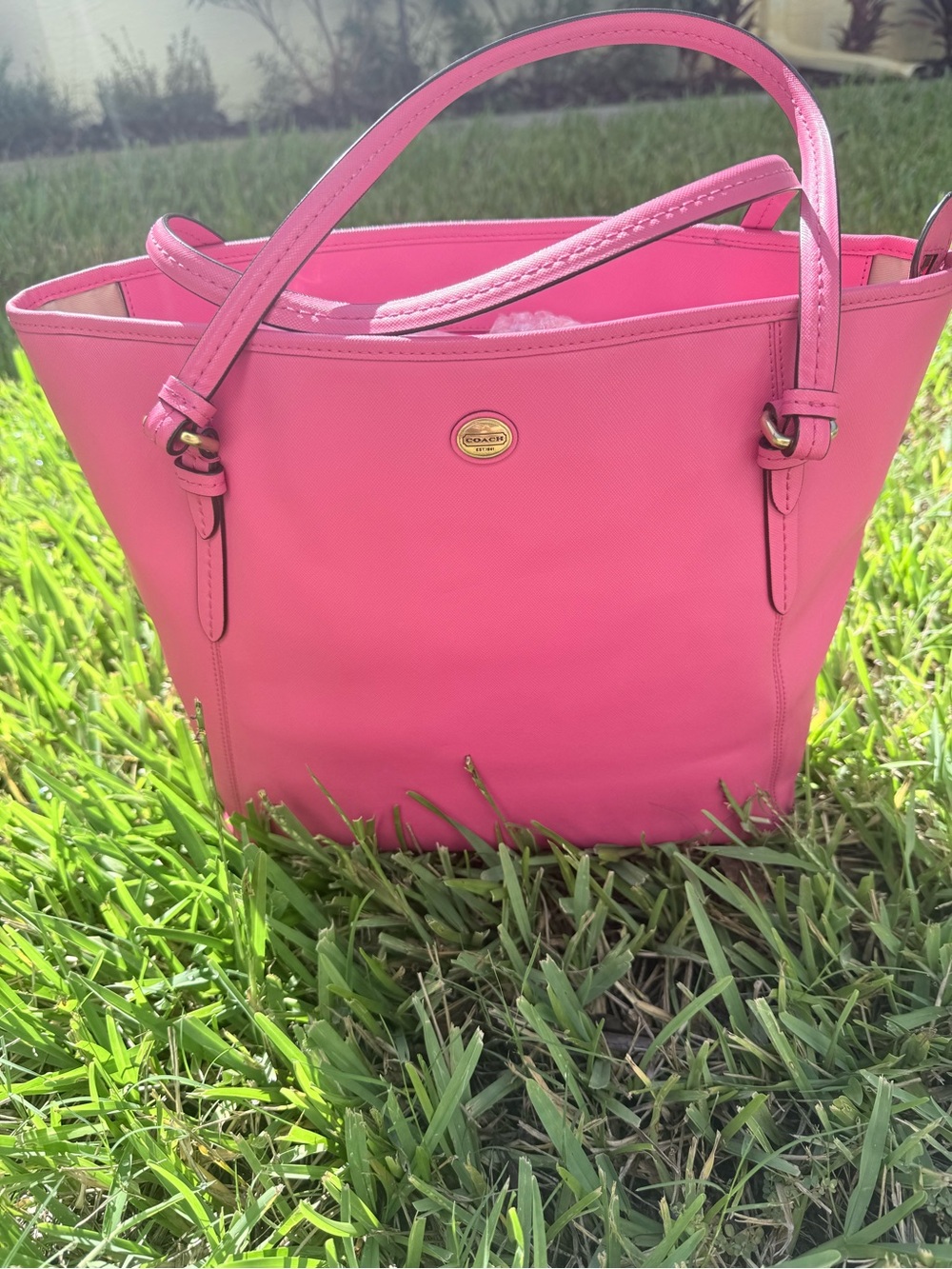 Coach Hot Pink Leather Tote with Gold-Tone Accent